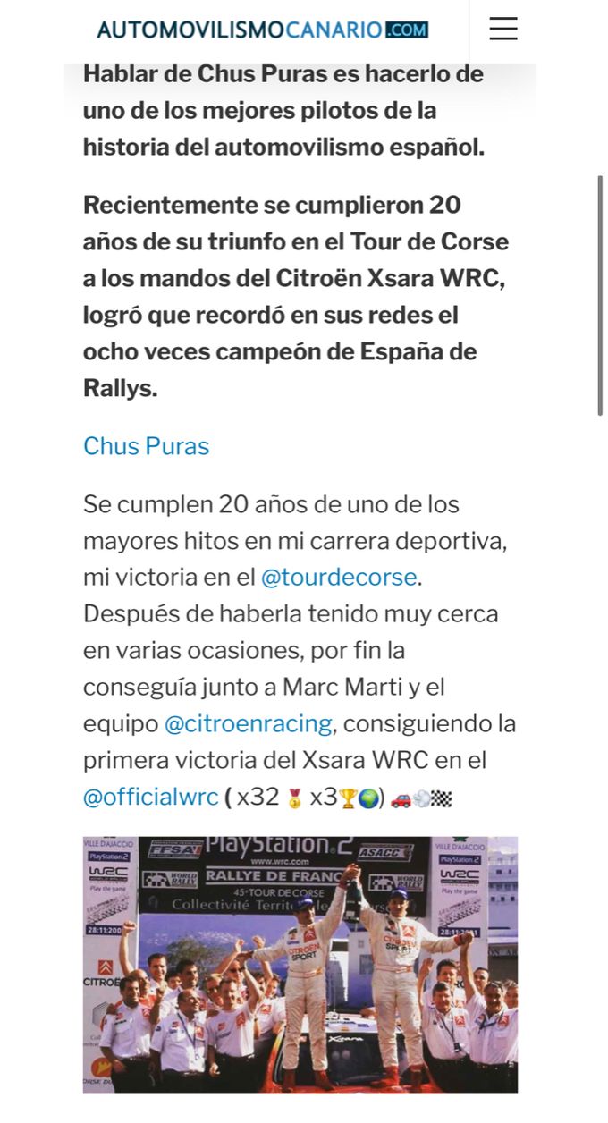 SE CUMPLEN 20 AÑOS DE LA PRMERA VICTORIA DEL CITROEN XSARA WRC CON CHUS PURAS EN EL RALLY DE CORCEGA 2001
